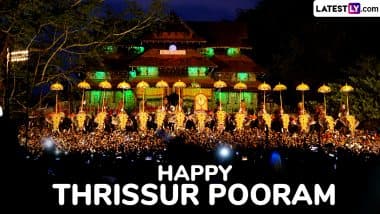 Thrissur Pooram 2025 Greetings: Celebrate the Vibrant Temple Festival With These Messages, Wishes, Greetings, Quotes, Images and HD Wallpapers Thrissur Pooram 2025 Greetings: Celebrate the Vibrant Temple Festival With These Messages, Wishes, Greetings, Quotes, Images and HD Wallpapers